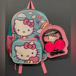 NEW Hello Kitty Girl Backpack Bundle w/ Lunch Box Headphones & Keychain School